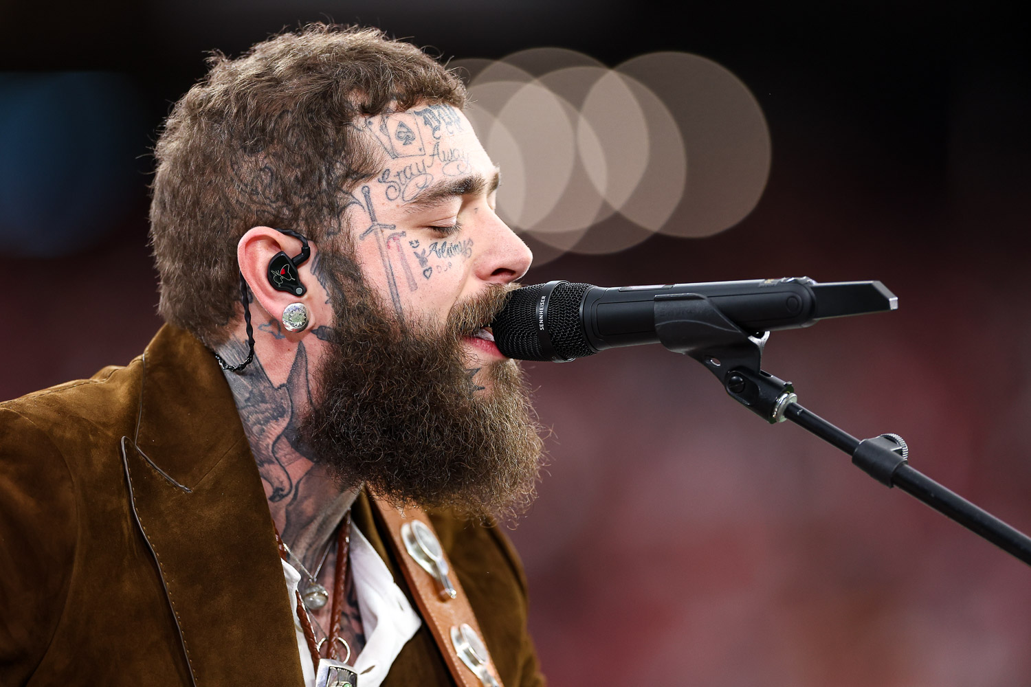 Post Malone sings “America the Beautiful” prior to the NFL Super Bowl 58 football game between the Kansas City Chiefs and the San Francisco 49ers, Sunday, Feb. 11, 2024, in Las Vegas.