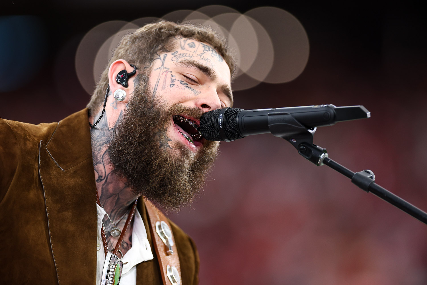 Post Malone sings “America the Beautiful” prior to the NFL Super Bowl 58 football game between the Kansas City Chiefs and the San Francisco 49ers, Sunday, Feb. 11, 2024, in Las Vegas.
