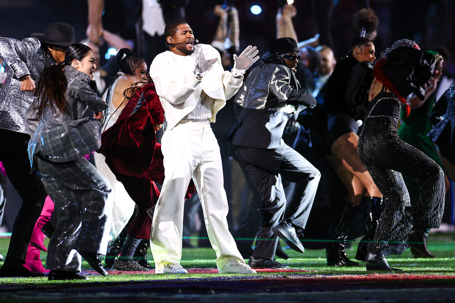 Usher performing during halftime of the NFL Super Bowl 58 football game between the Kansas City Chiefs and the San Francisco 49ers, Sunday, Feb. 11, 2024, in Las Vegas.
