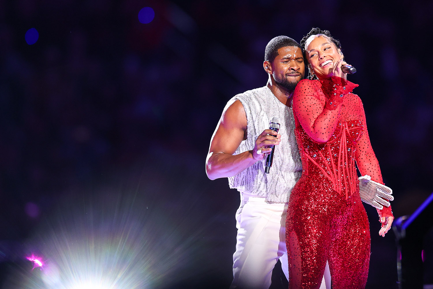 Usher and Alicia Keys performing during halftime of the NFL Super Bowl 58 football game between the Kansas City Chiefs and the San Francisco 49ers, Sunday, Feb. 11, 2024, in Las Vegas.