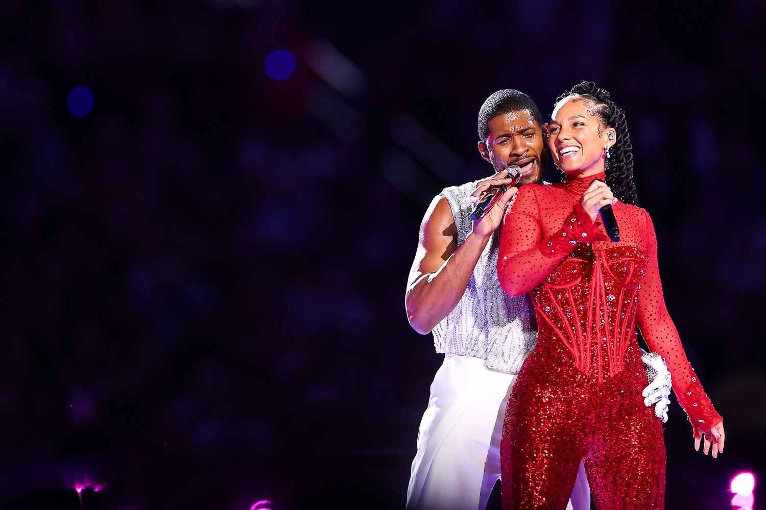 Usher and Alicia Keys performing during halftime of the NFL Super Bowl 58 football game between the Kansas City Chiefs and the San Francisco 49ers, Sunday, Feb. 11, 2024, in Las Vegas.