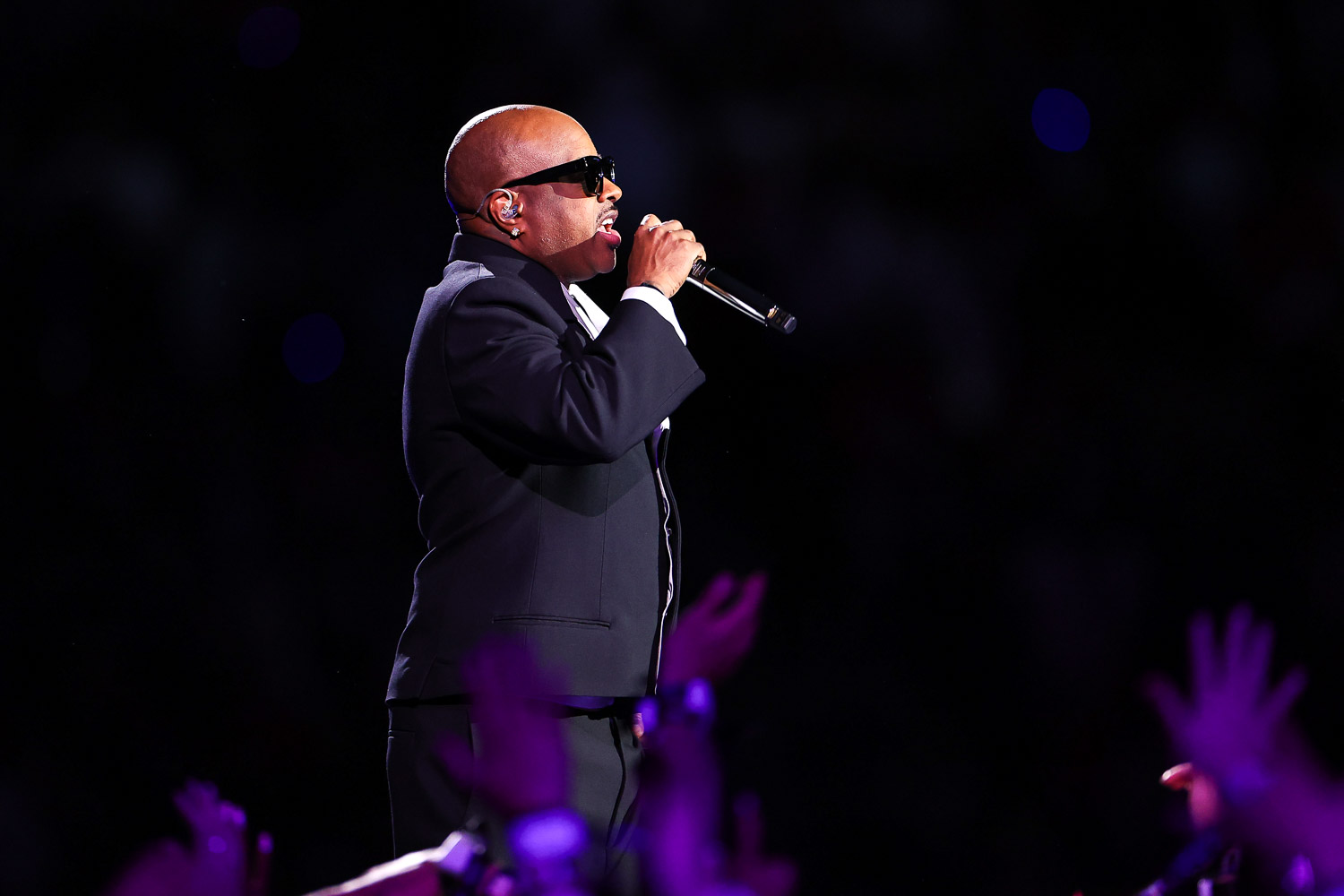 Special guest Jermaine Dupri performing during halftime of the NFL Super Bowl 58 football game between the Kansas City Chiefs and the San Francisco 49ers, Sunday, Feb. 11, 2024, in Las Vegas.