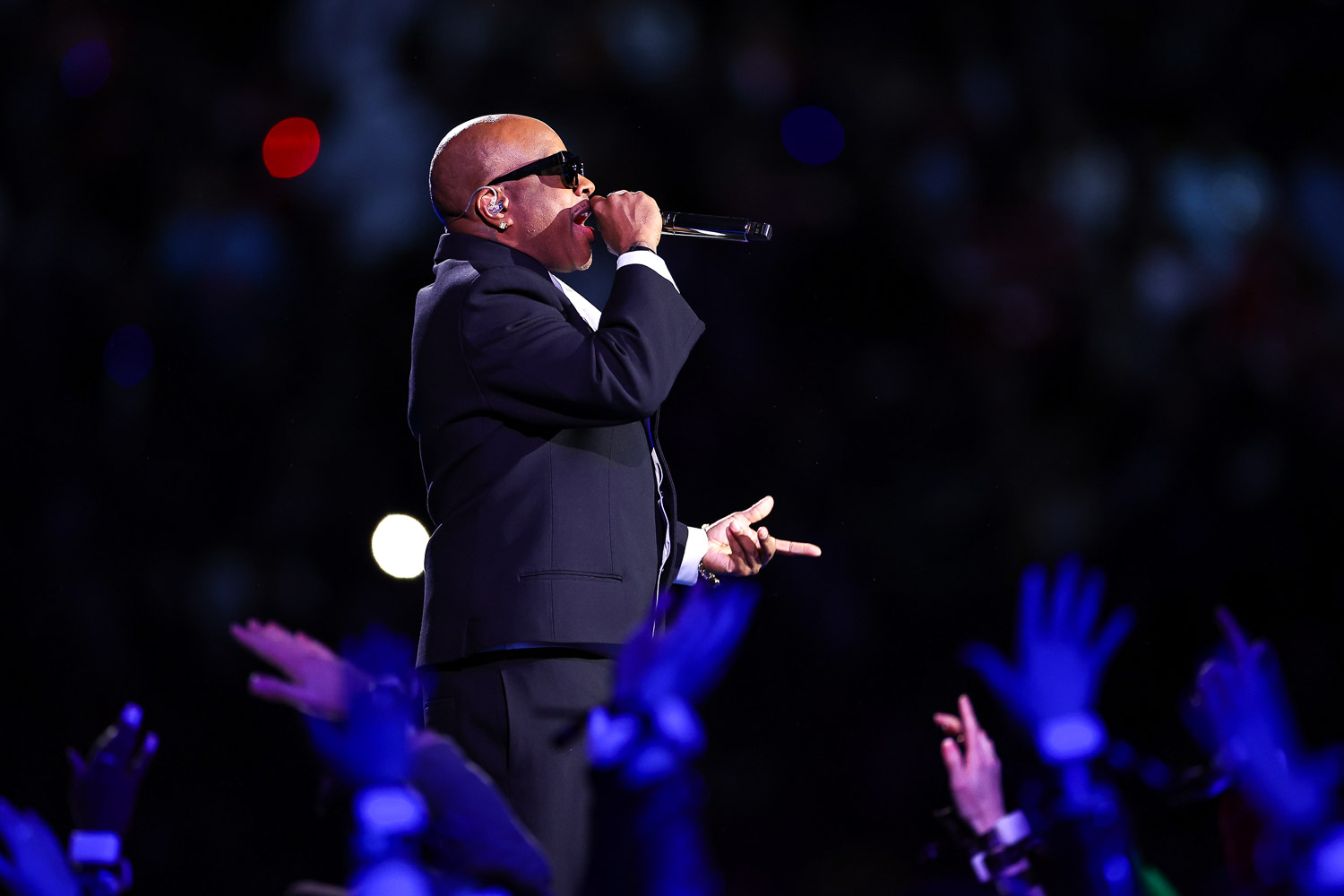 Special guest Jermaine Dupri performing during halftime of the NFL Super Bowl 58 football game between the Kansas City Chiefs and the San Francisco 49ers, Sunday, Feb. 11, 2024, in Las Vegas.