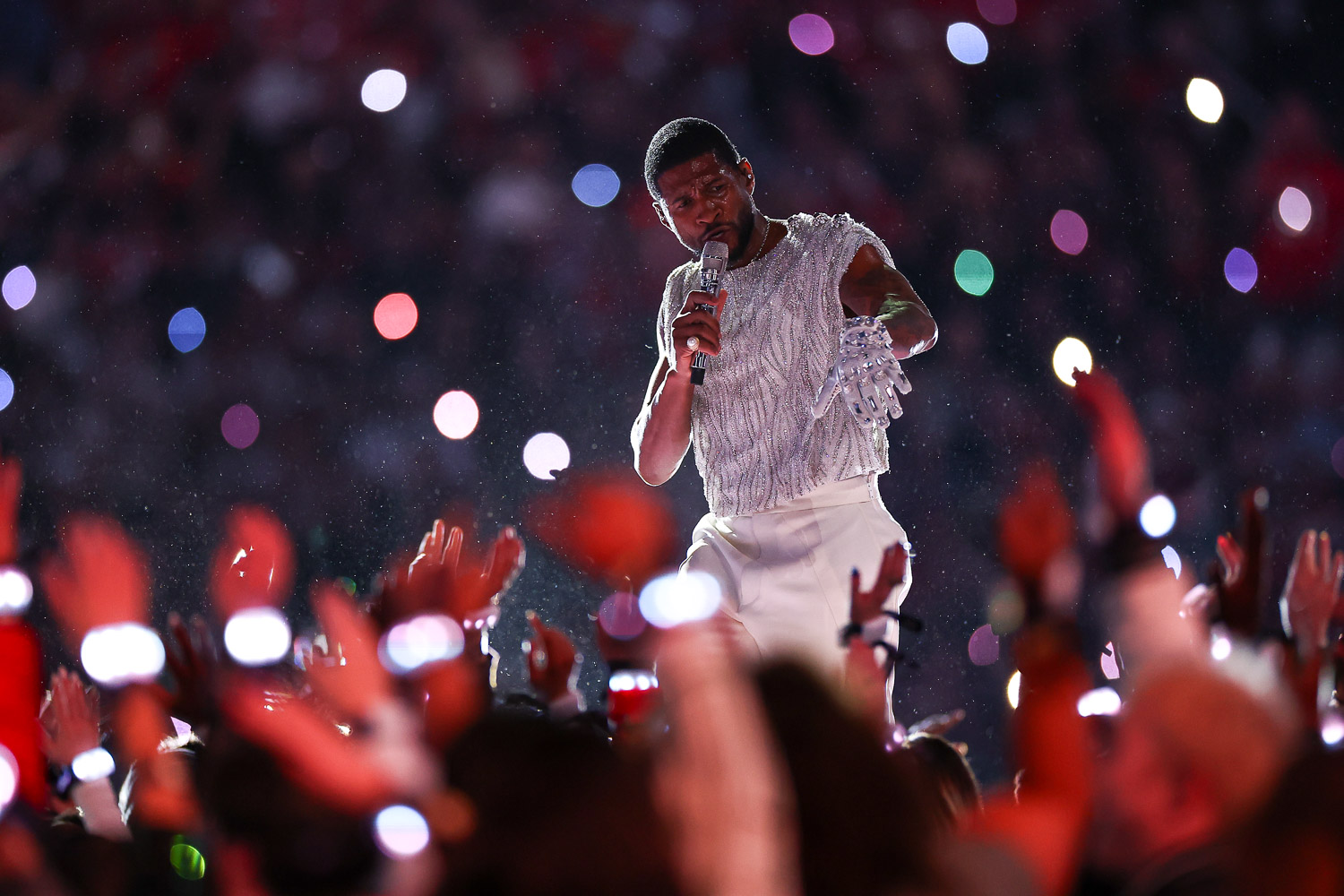 Usher performing during halftime of the NFL Super Bowl 58 football game between the Kansas City Chiefs and the San Francisco 49ers, Sunday, Feb. 11, 2024, in Las Vegas.