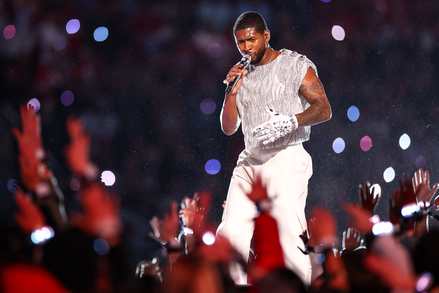 Usher performing during halftime of the NFL Super Bowl 58 football game between the Kansas City Chiefs and the San Francisco 49ers, Sunday, Feb. 11, 2024, in Las Vegas.