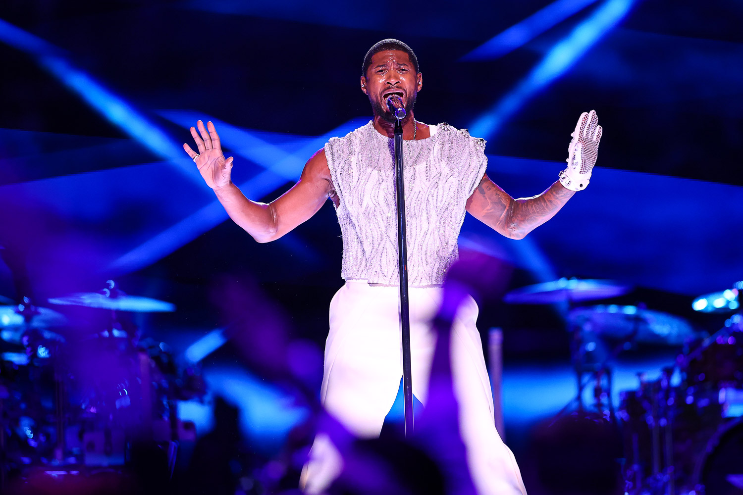 Usher performing during halftime of the NFL Super Bowl 58 football game between the Kansas City Chiefs and the San Francisco 49ers, Sunday, Feb. 11, 2024, in Las Vegas.