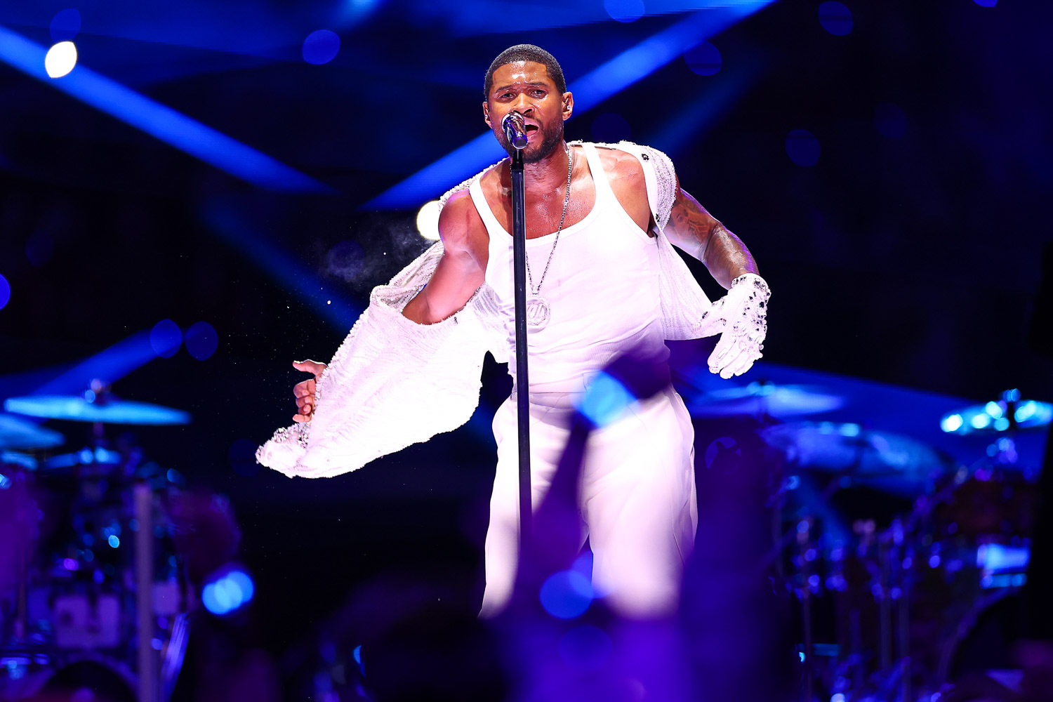 Usher performing during halftime of the NFL Super Bowl 58 football game between the Kansas City Chiefs and the San Francisco 49ers, Sunday, Feb. 11, 2024, in Las Vegas.