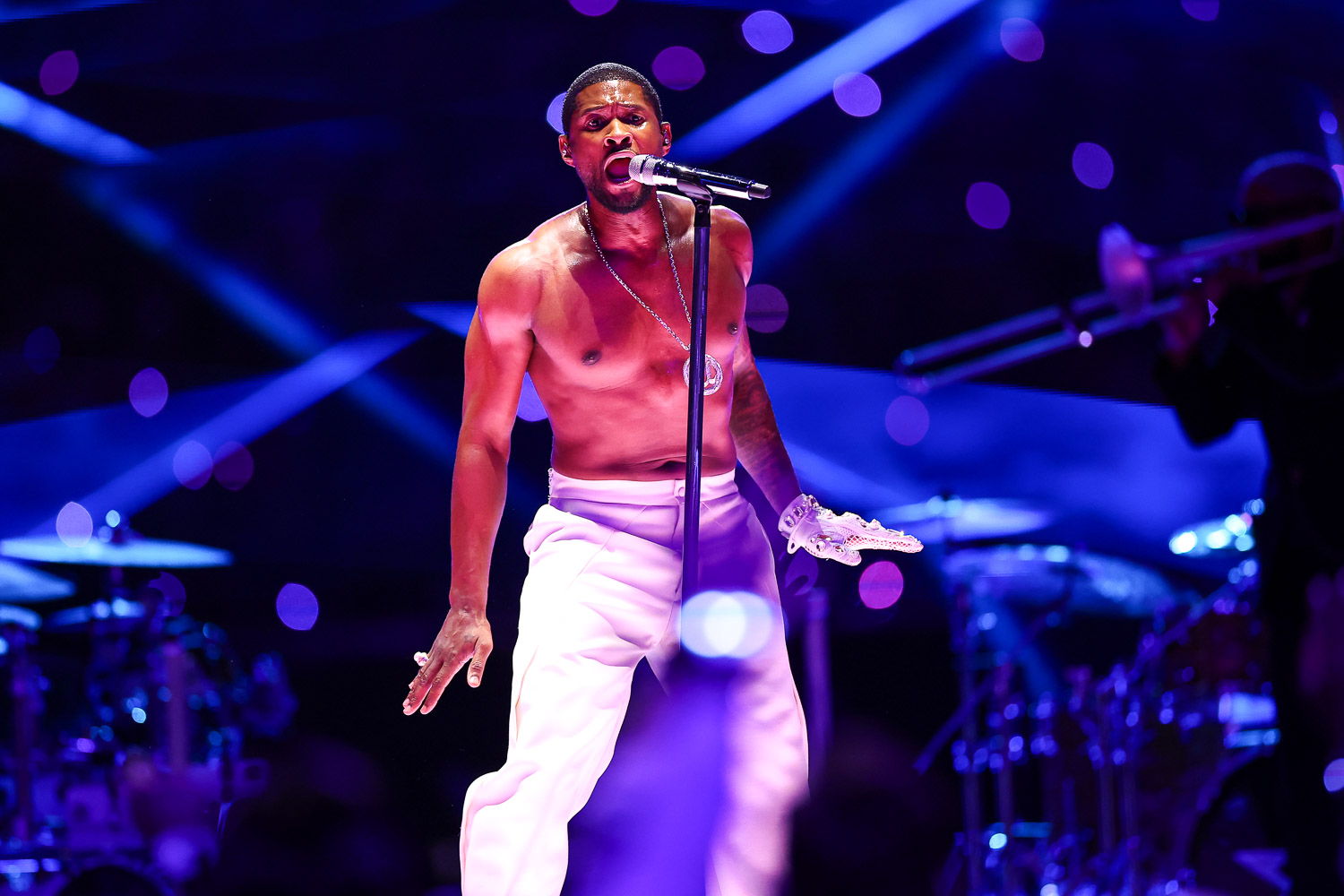 Usher performing during halftime of the NFL Super Bowl 58 football game between the Kansas City Chiefs and the San Francisco 49ers, Sunday, Feb. 11, 2024, in Las Vegas.