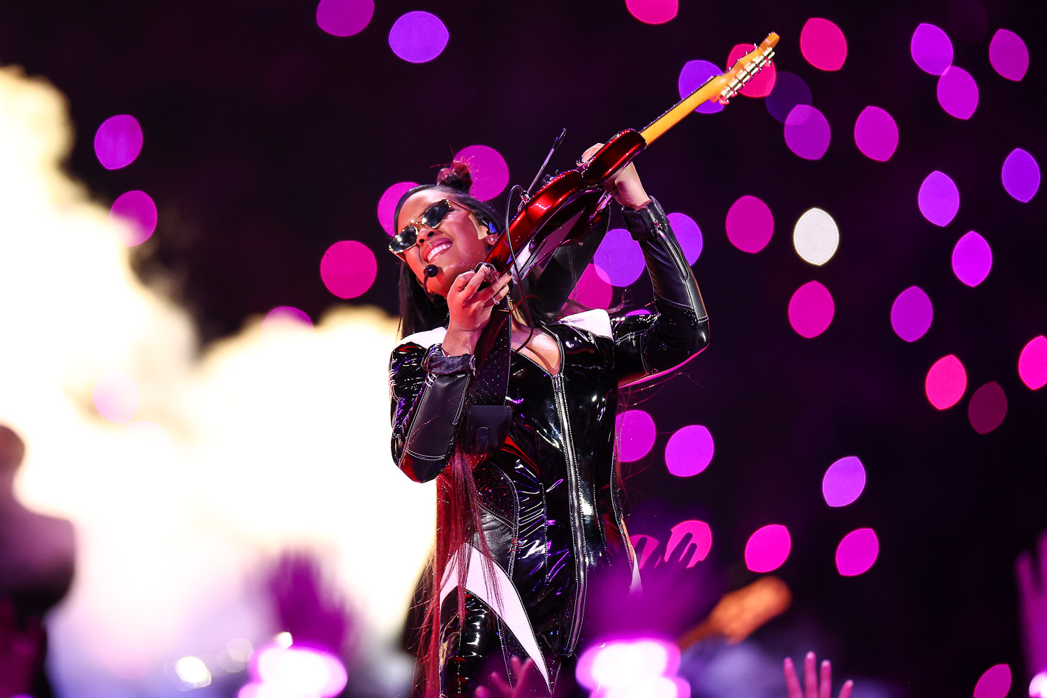 Special guest H.E.R. performing during halftime of the NFL Super Bowl 58 football game between the Kansas City Chiefs and the San Francisco 49ers, Sunday, Feb. 11, 2024, in Las Vegas.
