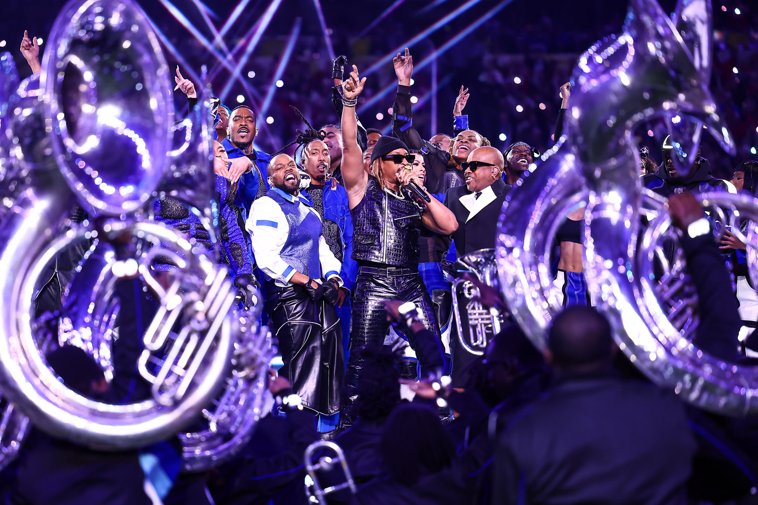 Special guests Lil Jon and Jermaine Dupri performing during halftime of the NFL Super Bowl 58 football game between the Kansas City Chiefs and the San Francisco 49ers, Sunday, Feb. 11, 2024, in Las Vegas.