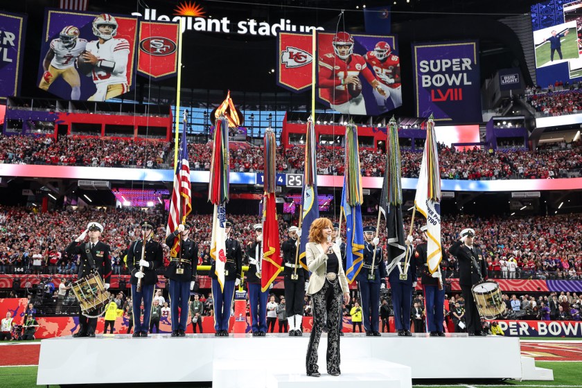 Reba McEntire sings the national anthem prior to the NFL Super Bowl 58 football game between the Kansas City Chiefs and the San Francisco 49ers, Sunday, Feb. 11, 2024, in Las Vegas.