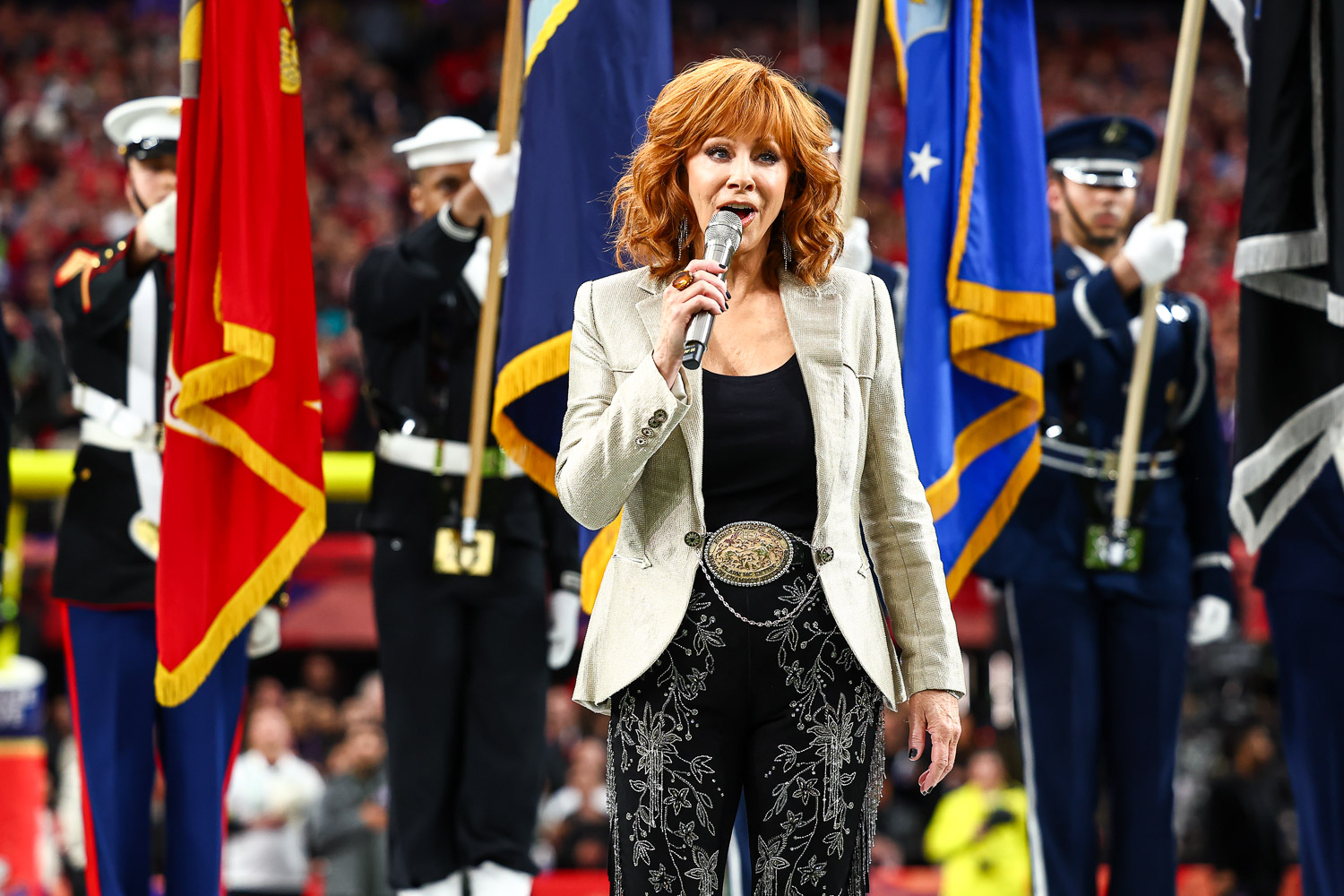 Reba McEntire sings the national anthem prior to the NFL Super Bowl 58 football game between the Kansas City Chiefs and the San Francisco 49ers, Sunday, Feb. 11, 2024, in Las Vegas.