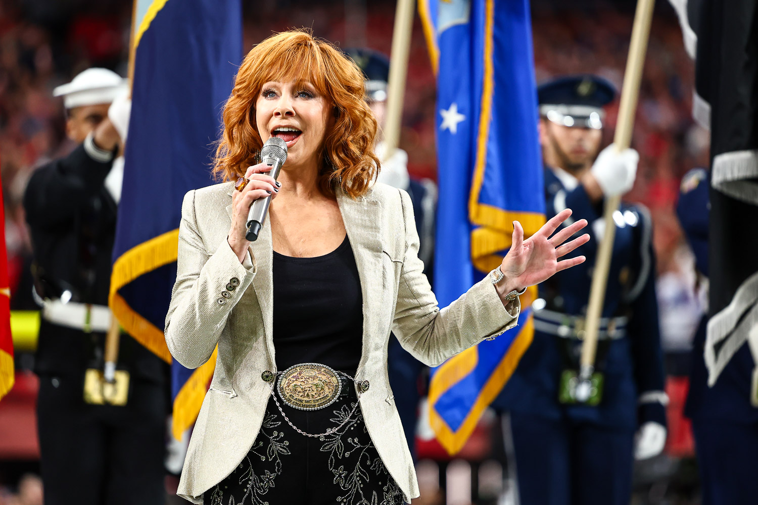 Reba McEntire sings the national anthem prior to the NFL Super Bowl 58 football game between the Kansas City Chiefs and the San Francisco 49ers, Sunday, Feb. 11, 2024, in Las Vegas.