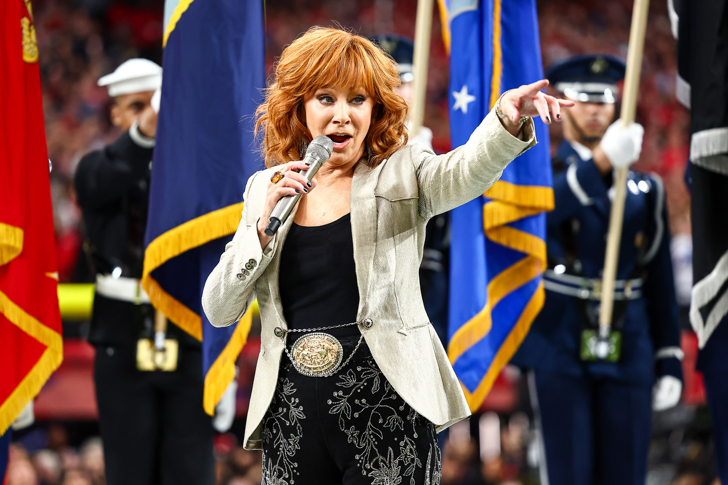 Reba McEntire sings the national anthem prior to the NFL Super Bowl 58 football game between the Kansas City Chiefs and the San Francisco 49ers, Sunday, Feb. 11, 2024, in Las Vegas.
