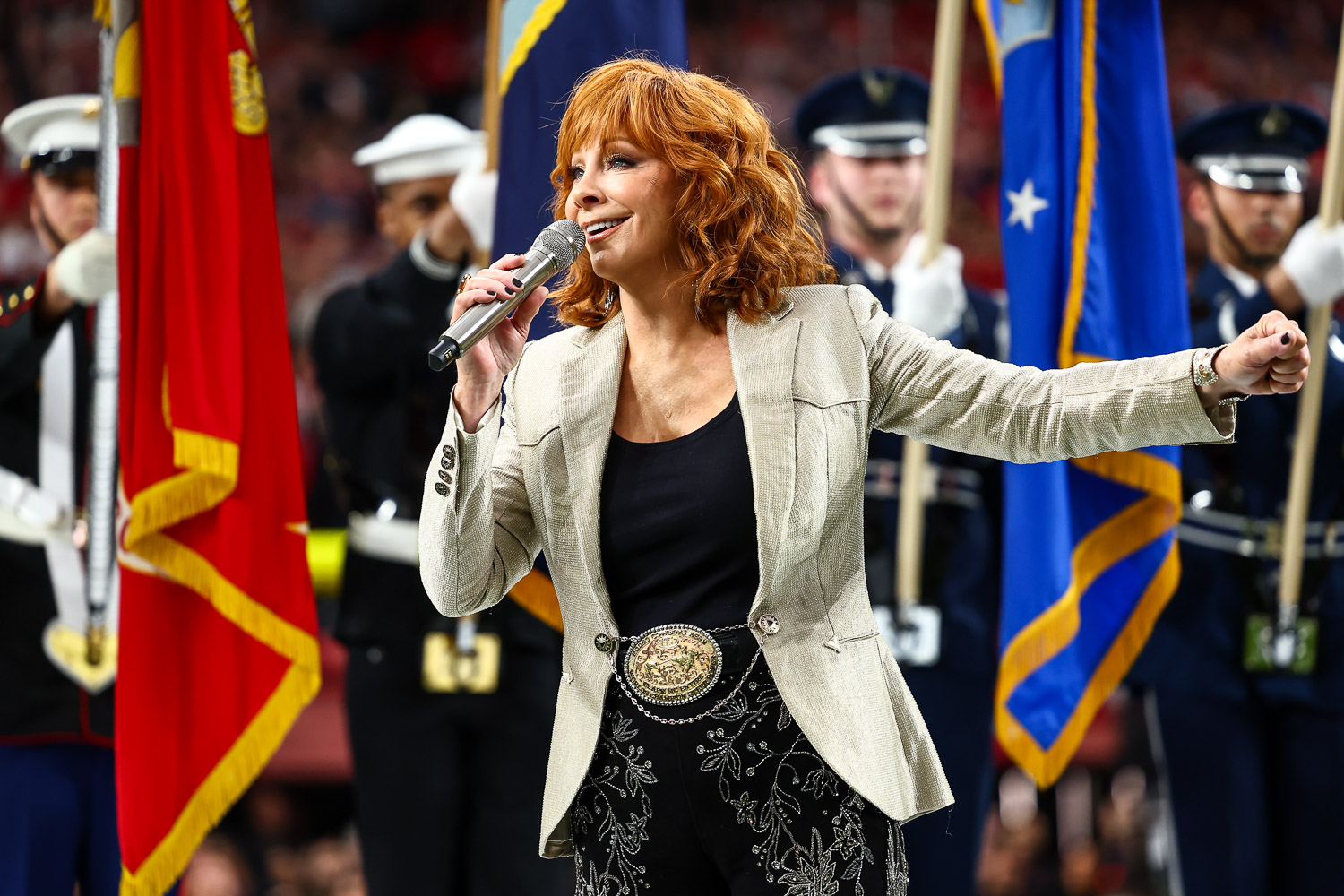 Reba McEntire sings the national anthem prior to the NFL Super Bowl 58 football game between the Kansas City Chiefs and the San Francisco 49ers, Sunday, Feb. 11, 2024, in Las Vegas.