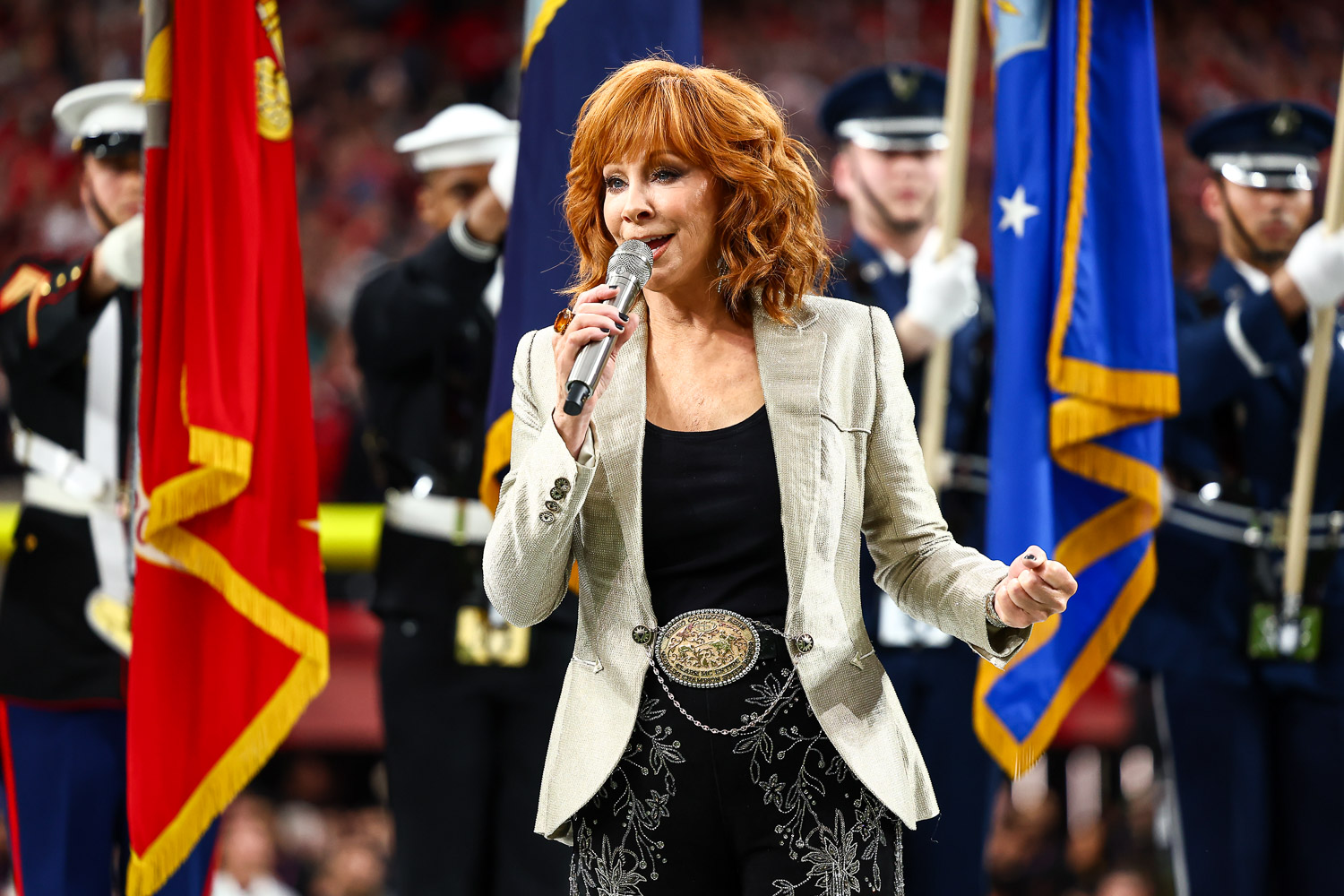 Reba McEntire sings the national anthem prior to the NFL Super Bowl 58 football game between the Kansas City Chiefs and the San Francisco 49ers, Sunday, Feb. 11, 2024, in Las Vegas.