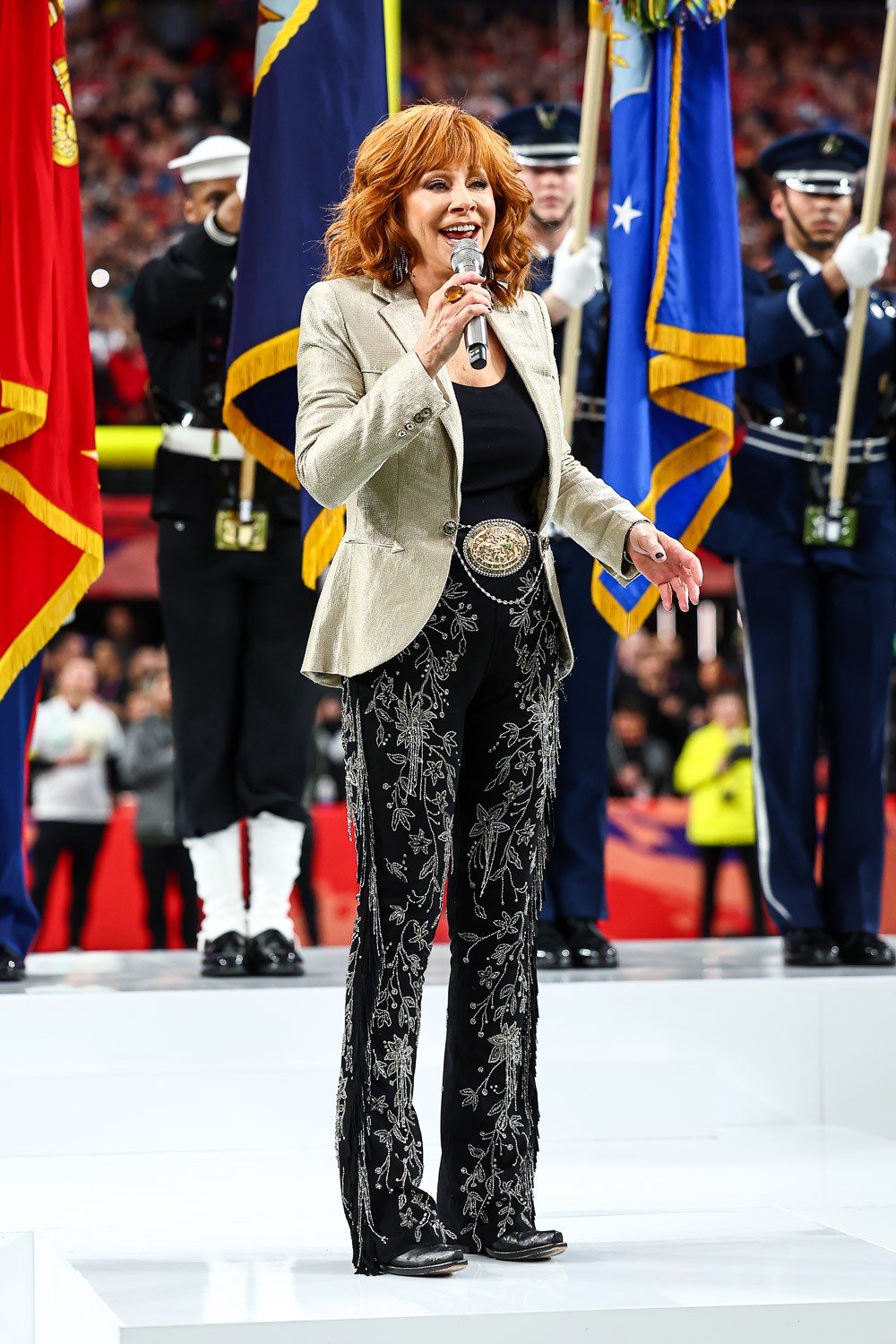 Reba McEntire sings the national anthem prior to the NFL Super Bowl 58 football game between the Kansas City Chiefs and the San Francisco 49ers, Sunday, Feb. 11, 2024, in Las Vegas.