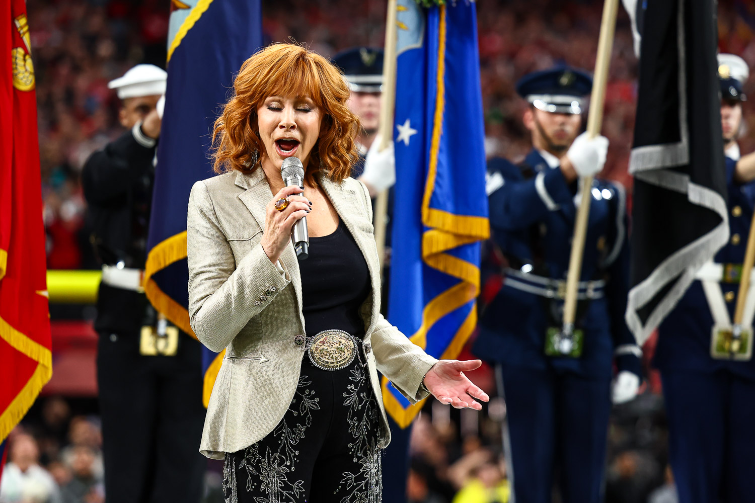 Reba McEntire sings the national anthem prior to the NFL Super Bowl 58 football game between the Kansas City Chiefs and the San Francisco 49ers, Sunday, Feb. 11, 2024, in Las Vegas.