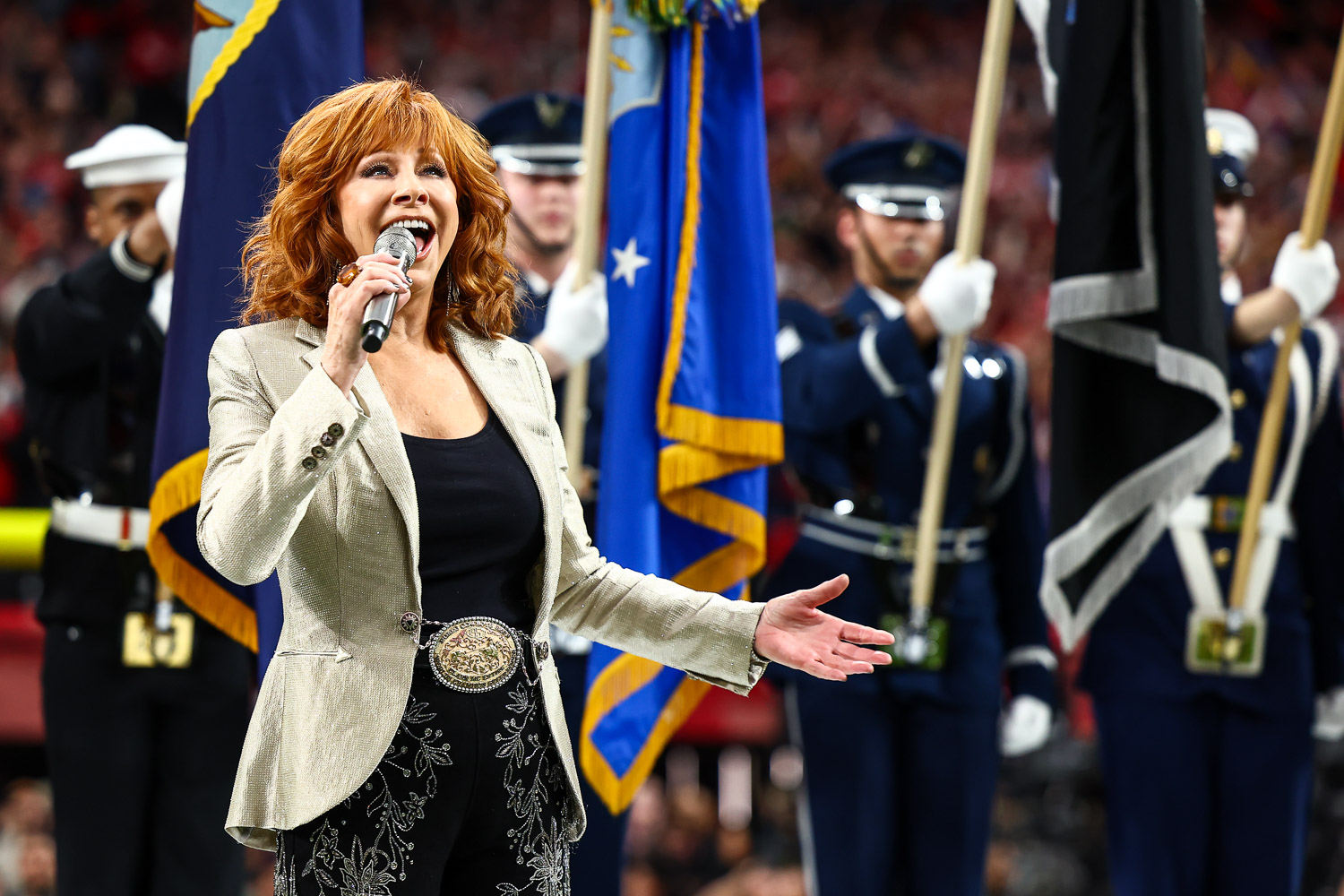 Reba McEntire sings the national anthem prior to the NFL Super Bowl 58 football game between the Kansas City Chiefs and the San Francisco 49ers, Sunday, Feb. 11, 2024, in Las Vegas.
