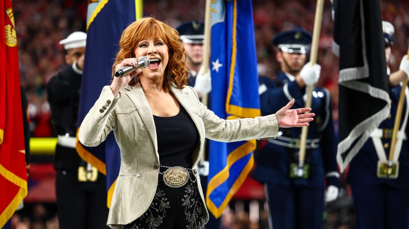 Reba McEntire sings the national anthem prior to the NFL Super Bowl 58 football game between the Kansas City Chiefs and the San Francisco 49ers, Sunday, Feb. 11, 2024, in Las Vegas.