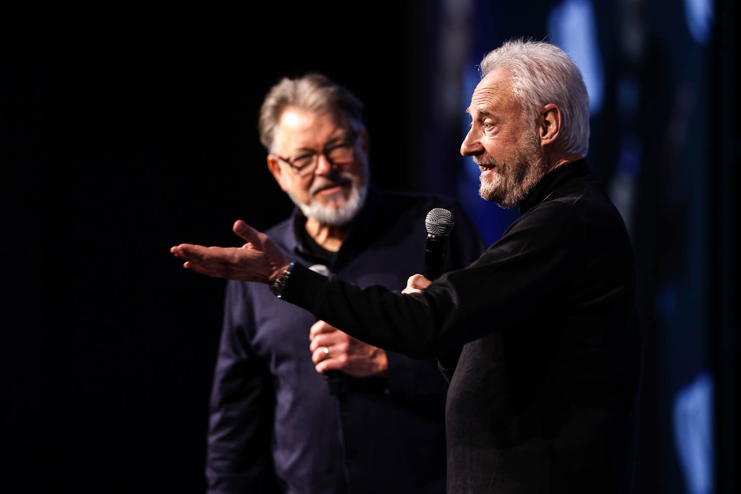 Brent Spiner and Jonathan Frakes during a panel on Saturday at the 2023 Planet Comicon in Kansas City, Missouri on March 18, 2023.
