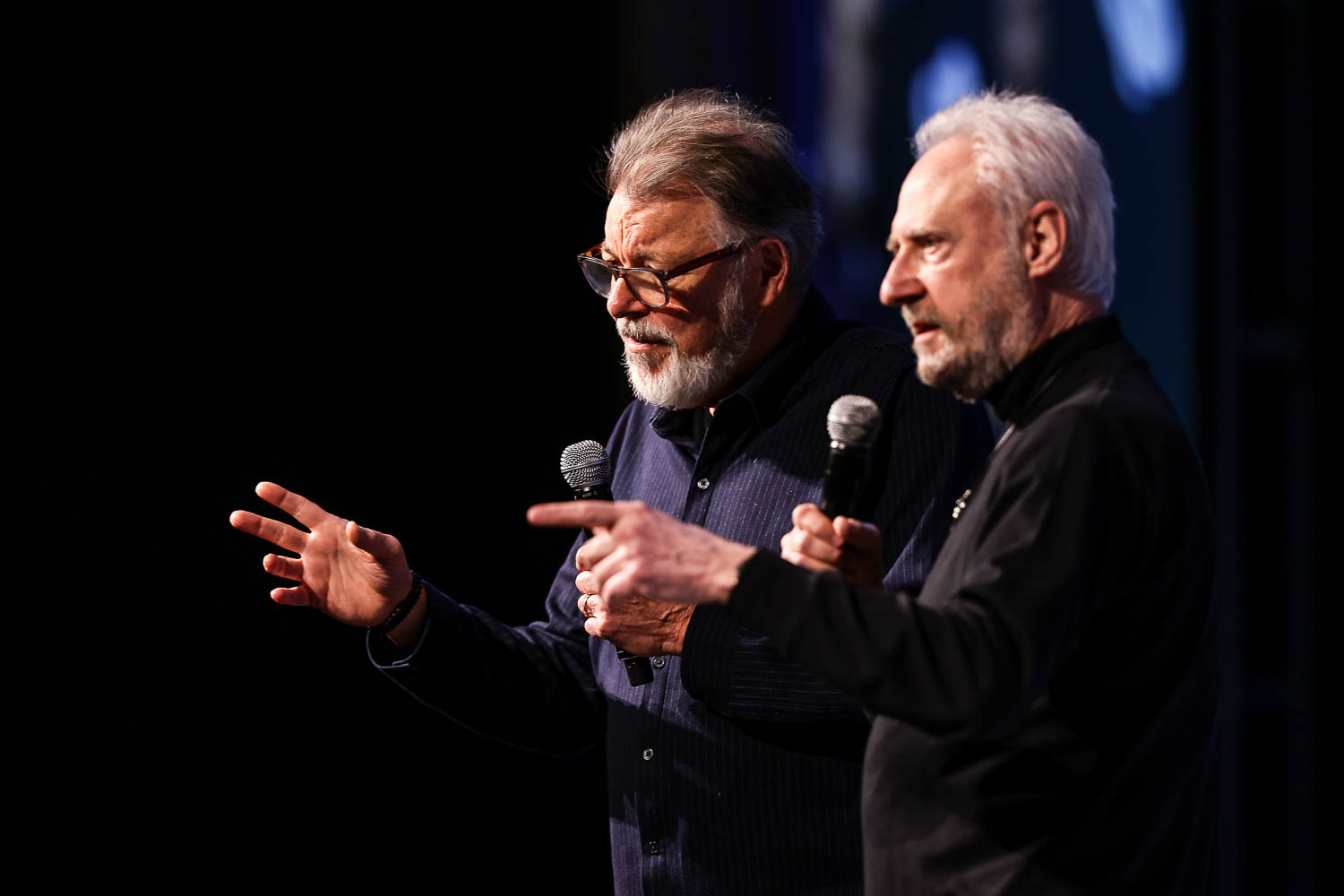 Brent Spiner and Jonathan Frakes during a panel on Saturday at the 2023 Planet Comicon in Kansas City, Missouri on March 18, 2023.