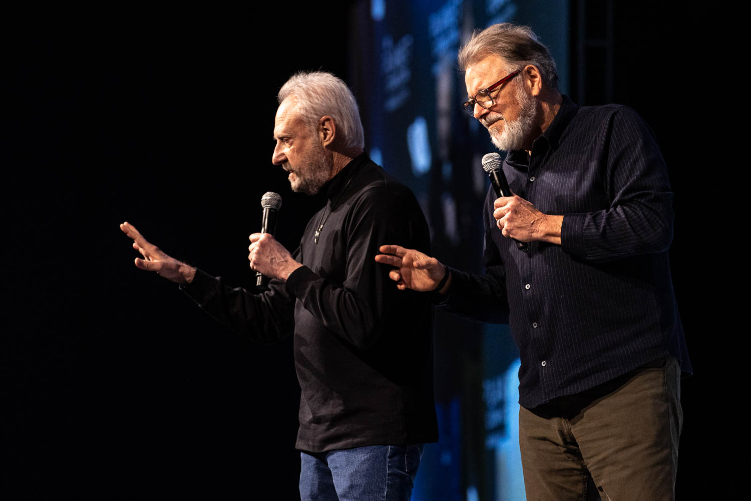 Brent Spiner and Jonathan Frakes during a panel on Saturday at the 2023 Planet Comicon in Kansas City, Missouri on March 18, 2023.