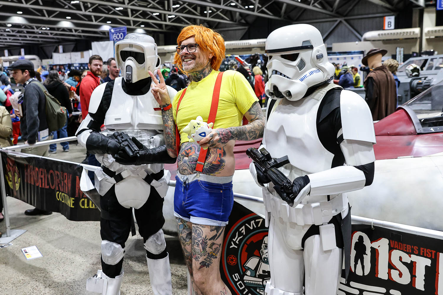 Star Wars Scout Trooper and Stormtrooper with a gender-bent Misty from Pokemon cosplayers on Saturday at the 2023 Planet Comicon in Kansas City, Missouri on March 18, 2023.