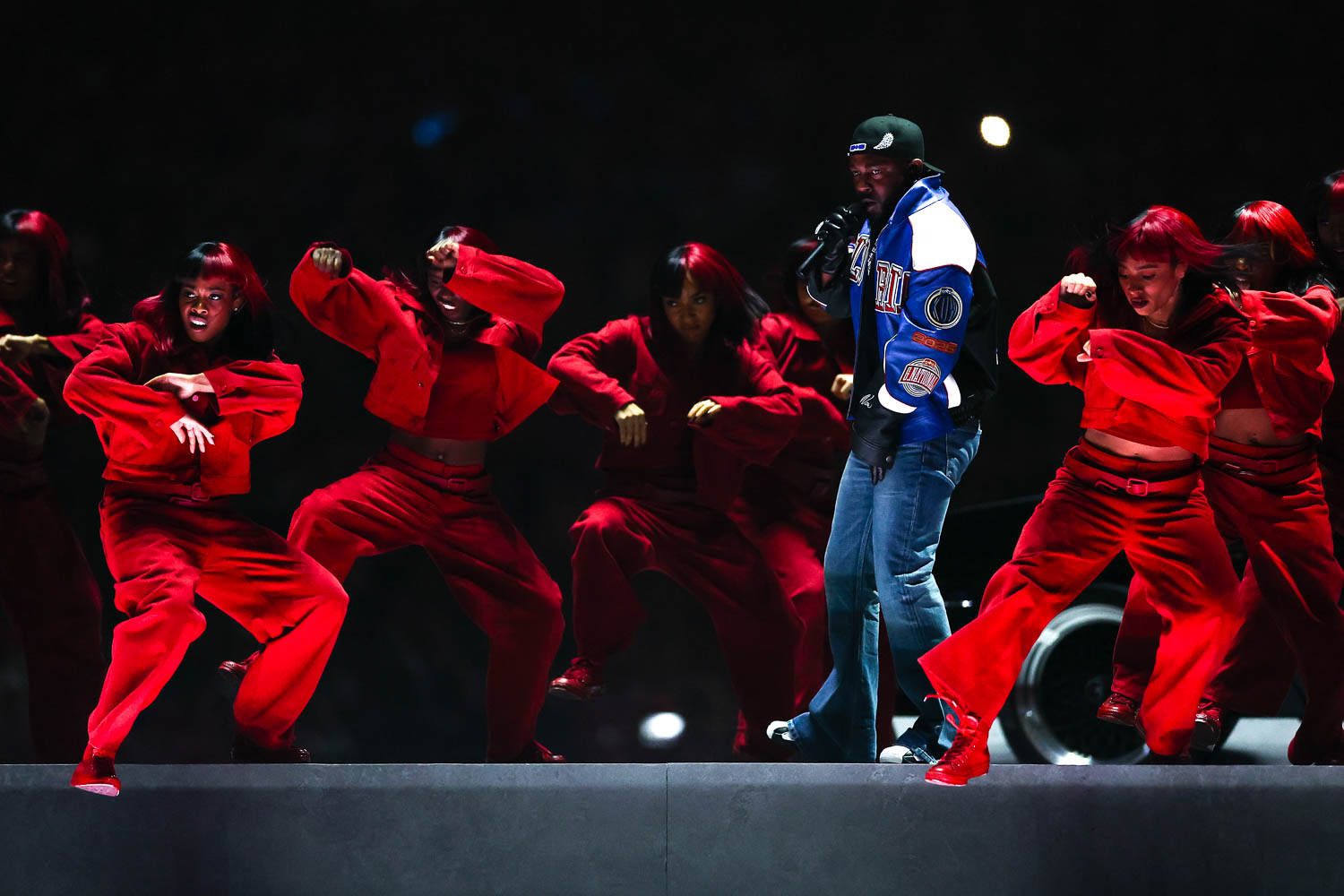 Kendrick Lamar performing during halftime of the NFL Super Bowl LIX (59) football game between the Kansas City Chiefs and the Philadelphia Eagles, Sunday, Feb. 9, 2025, in New Orleans.