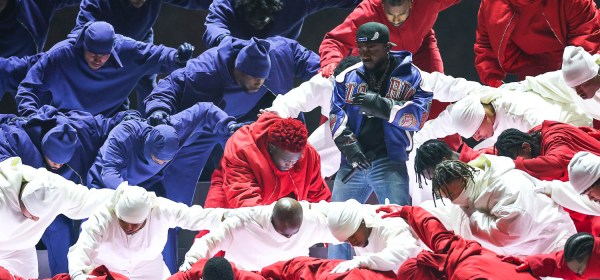 Kendrick Lamar performing during halftime of the NFL Super Bowl LIX (59) football game between the Kansas City Chiefs and the Philadelphia Eagles, Sunday, Feb. 9, 2025, in New Orleans.