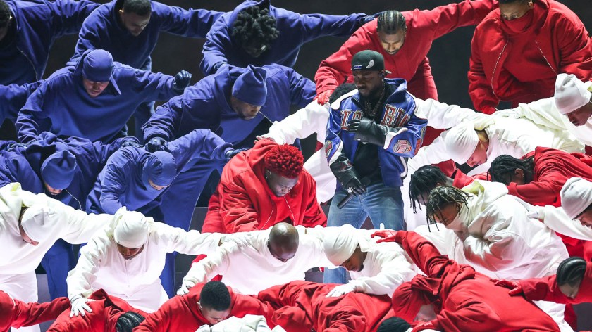Kendrick Lamar performing during halftime of the NFL Super Bowl LIX (59) football game between the Kansas City Chiefs and the Philadelphia Eagles, Sunday, Feb. 9, 2025, in New Orleans.