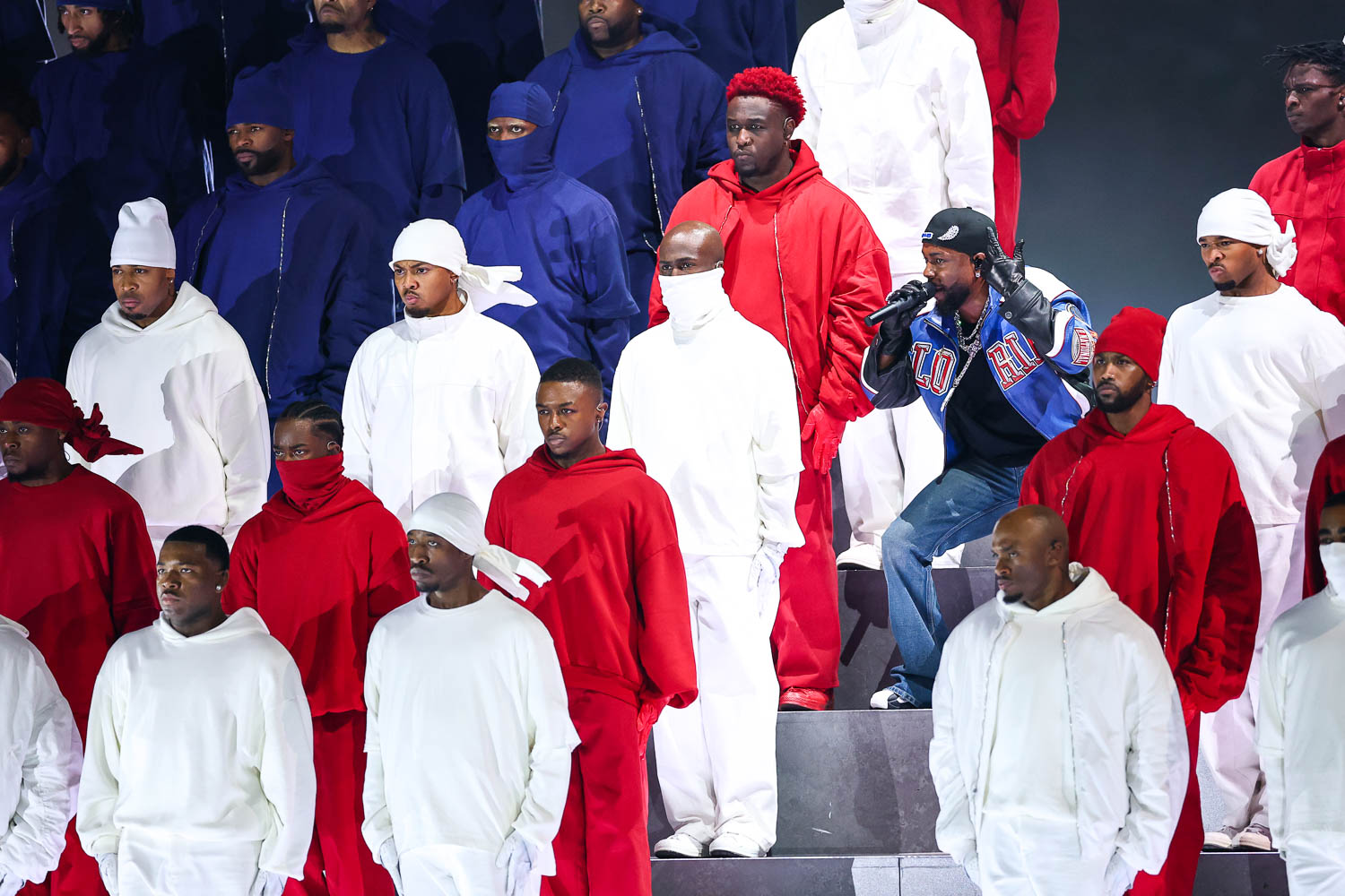 Kendrick Lamar performing during halftime of the NFL Super Bowl LIX (59) football game between the Kansas City Chiefs and the Philadelphia Eagles, Sunday, Feb. 9, 2025, in New Orleans.