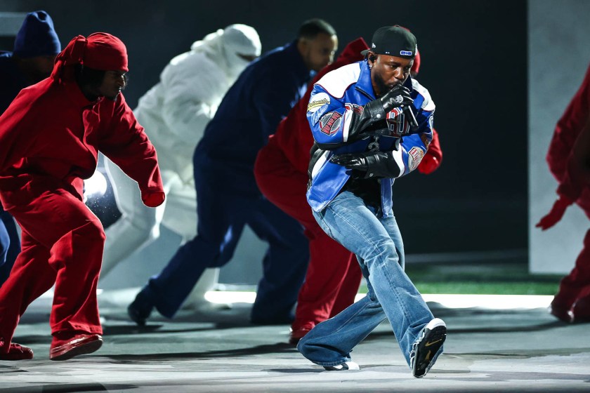 Kendrick Lamar performing during halftime of the NFL Super Bowl LIX (59) football game between the Kansas City Chiefs and the Philadelphia Eagles, Sunday, Feb. 9, 2025, in New Orleans.