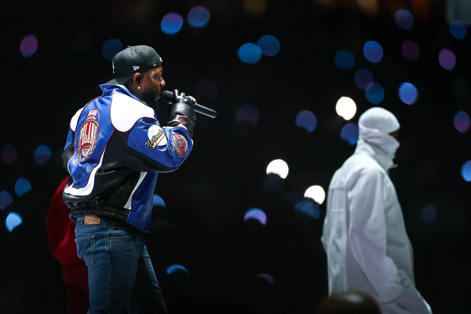 Kendrick Lamar performing during halftime of the NFL Super Bowl LIX (59) football game between the Kansas City Chiefs and the Philadelphia Eagles, Sunday, Feb. 9, 2025, in New Orleans.