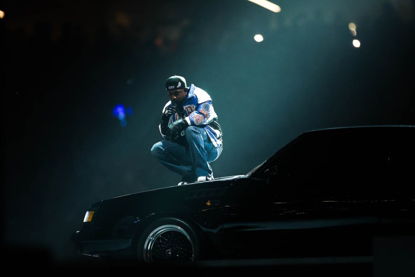 Kendrick Lamar performing during halftime of the NFL Super Bowl LIX (59) football game between the Kansas City Chiefs and the Philadelphia Eagles, Sunday, Feb. 9, 2025, in New Orleans.