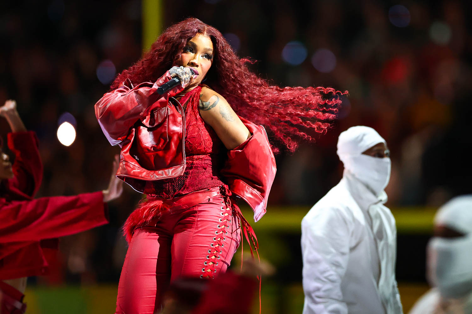 SZA performing during halftime of the NFL Super Bowl LIX (59) football game between the Kansas City Chiefs and the Philadelphia Eagles, Sunday, Feb. 9, 2025, in New Orleans.