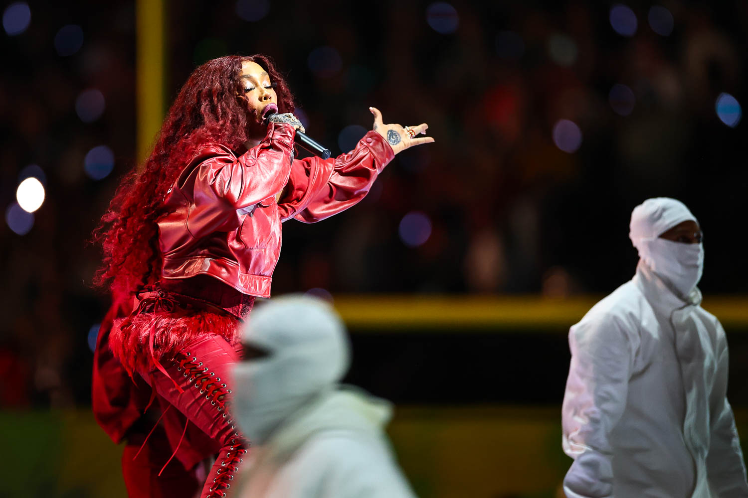 SZA performing during halftime of the NFL Super Bowl LIX (59) football game between the Kansas City Chiefs and the Philadelphia Eagles, Sunday, Feb. 9, 2025, in New Orleans.