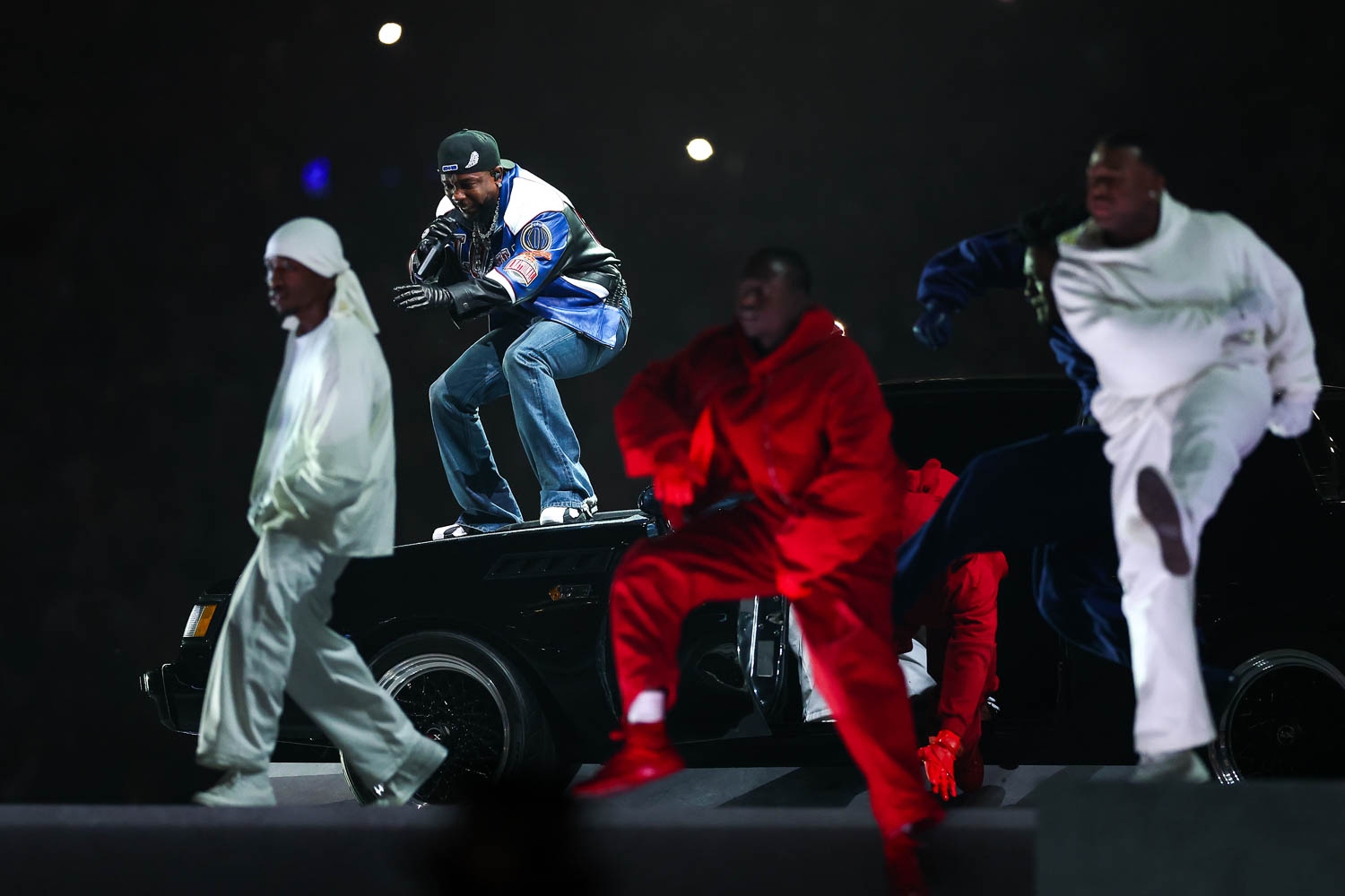 Kendrick Lamar performing during halftime of the NFL Super Bowl LIX (59) football game between the Kansas City Chiefs and the Philadelphia Eagles, Sunday, Feb. 9, 2025, in New Orleans.