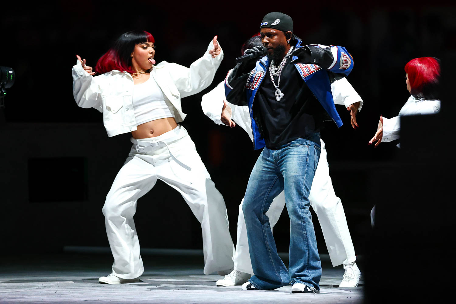 Kendrick Lamar performing during halftime of the NFL Super Bowl LIX (59) football game between the Kansas City Chiefs and the Philadelphia Eagles, Sunday, Feb. 9, 2025, in New Orleans.