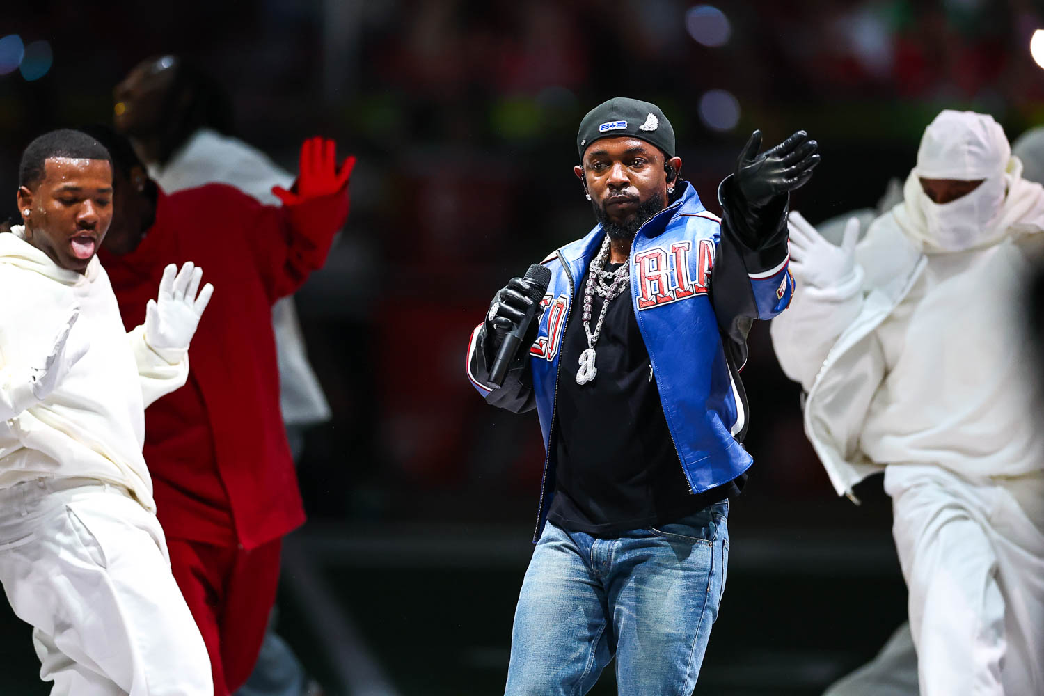 Kendrick Lamar performing during halftime of the NFL Super Bowl LIX (59) football game between the Kansas City Chiefs and the Philadelphia Eagles, Sunday, Feb. 9, 2025, in New Orleans.