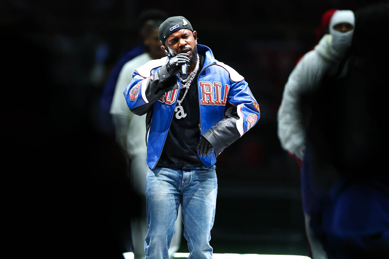 Kendrick Lamar performing during halftime of the NFL Super Bowl LIX (59) football game between the Kansas City Chiefs and the Philadelphia Eagles, Sunday, Feb. 9, 2025, in New Orleans.
