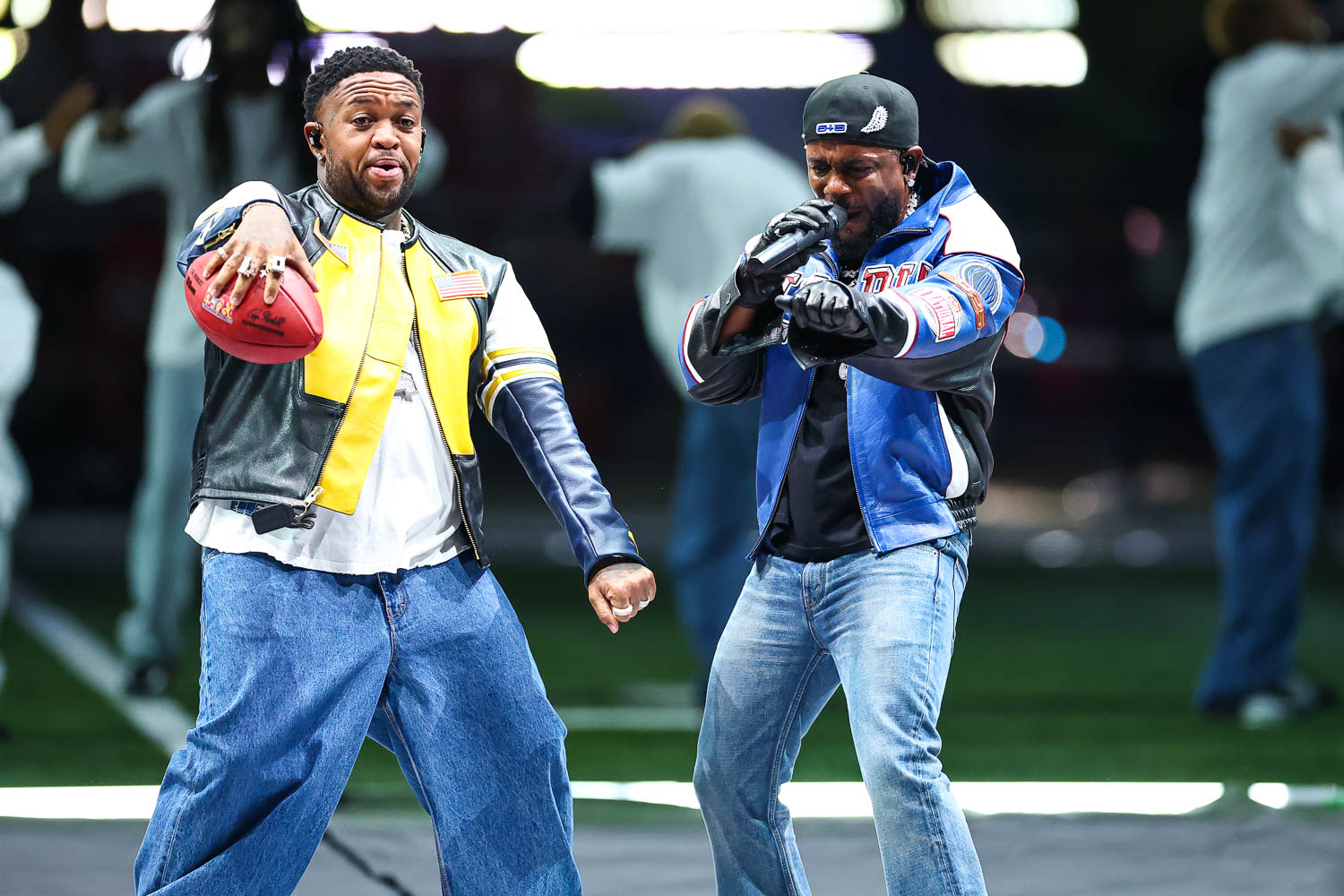 Mustard and Kendrick Lamar performing during halftime of the NFL Super Bowl LIX (59) football game between the Kansas City Chiefs and the Philadelphia Eagles, Sunday, Feb. 9, 2025, in New Orleans.