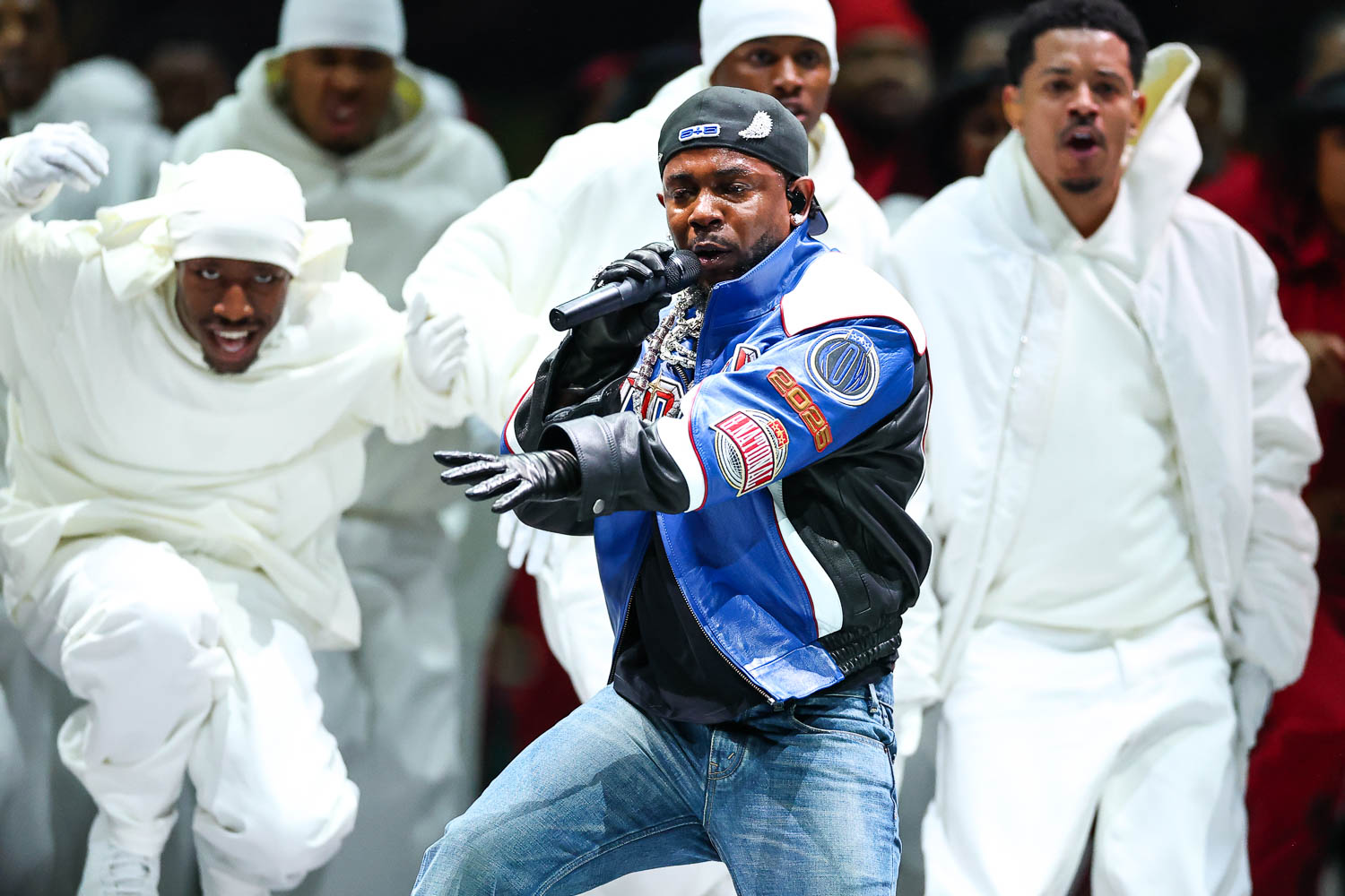 Kendrick Lamar performing during halftime of the NFL Super Bowl LIX (59) football game between the Kansas City Chiefs and the Philadelphia Eagles, Sunday, Feb. 9, 2025, in New Orleans.