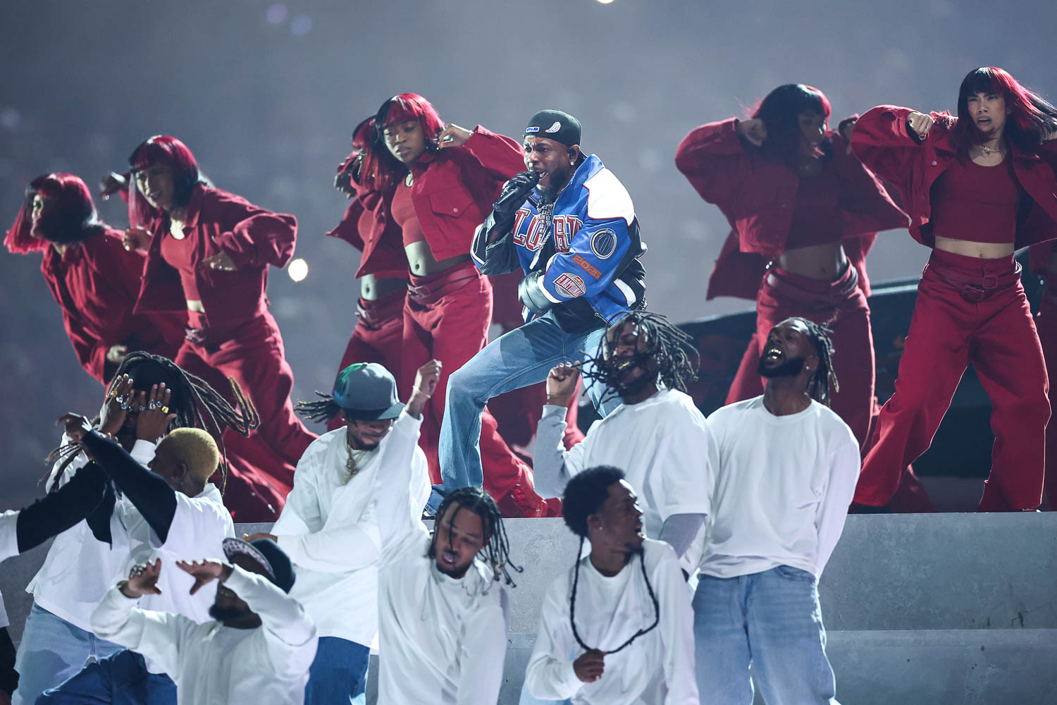 Kendrick Lamar performing during halftime of the NFL Super Bowl LIX (59) football game between the Kansas City Chiefs and the Philadelphia Eagles, Sunday, Feb. 9, 2025, in New Orleans.