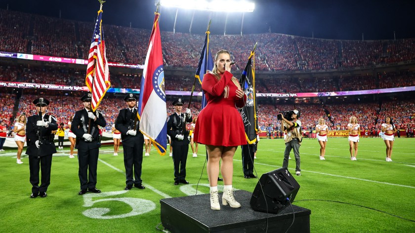 Grace Kinstler singing the National Anthem prior to an NFL football game against the Detroit Lions, Sunday, October 12, 2025 in Kansas City.