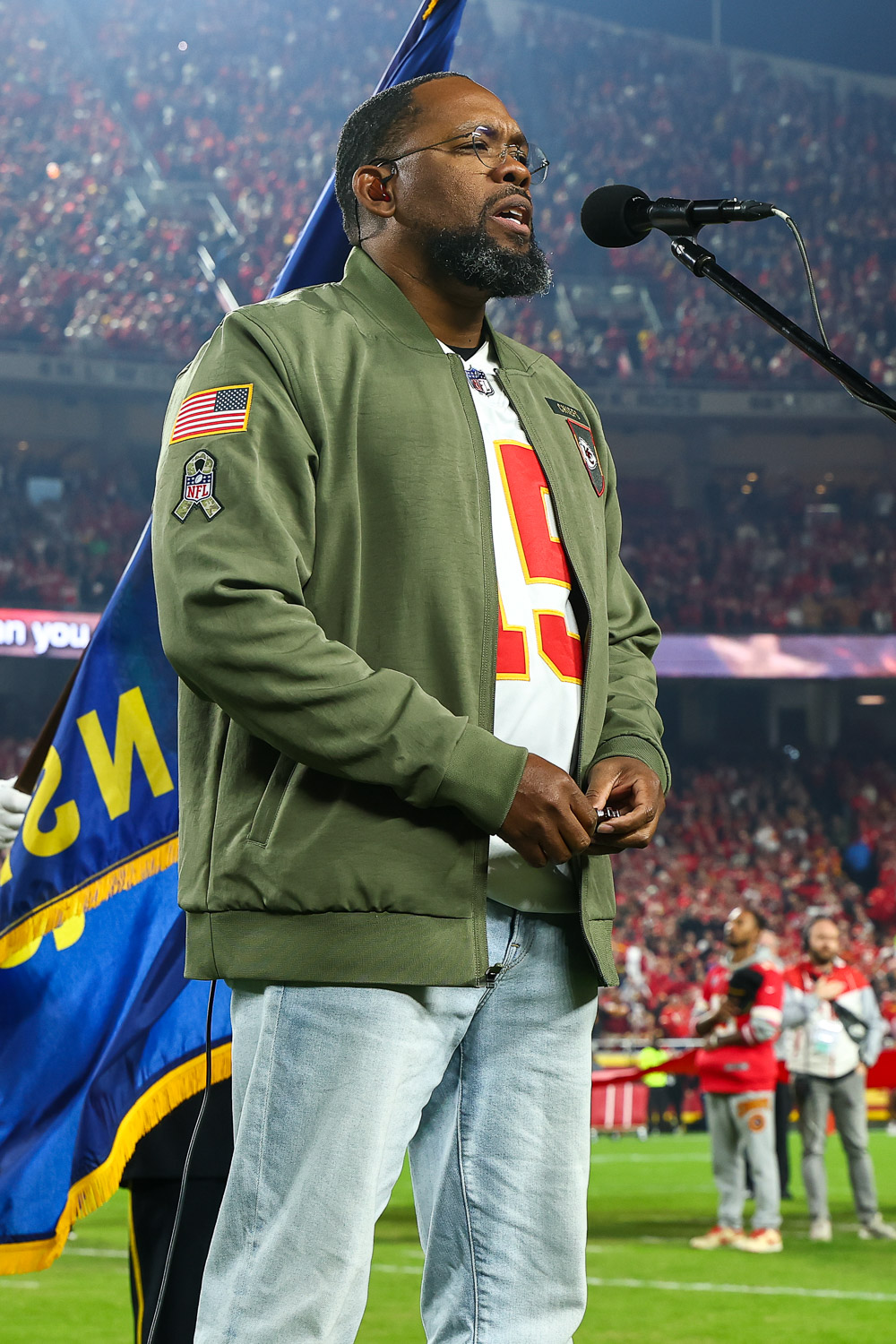 Retired Air Force Master Sergeant Robert Carter performs the National Anthem prior to a week 8 NFL Football game against the Washington Commanders on Monday, October 27, 2025 in Kansas City