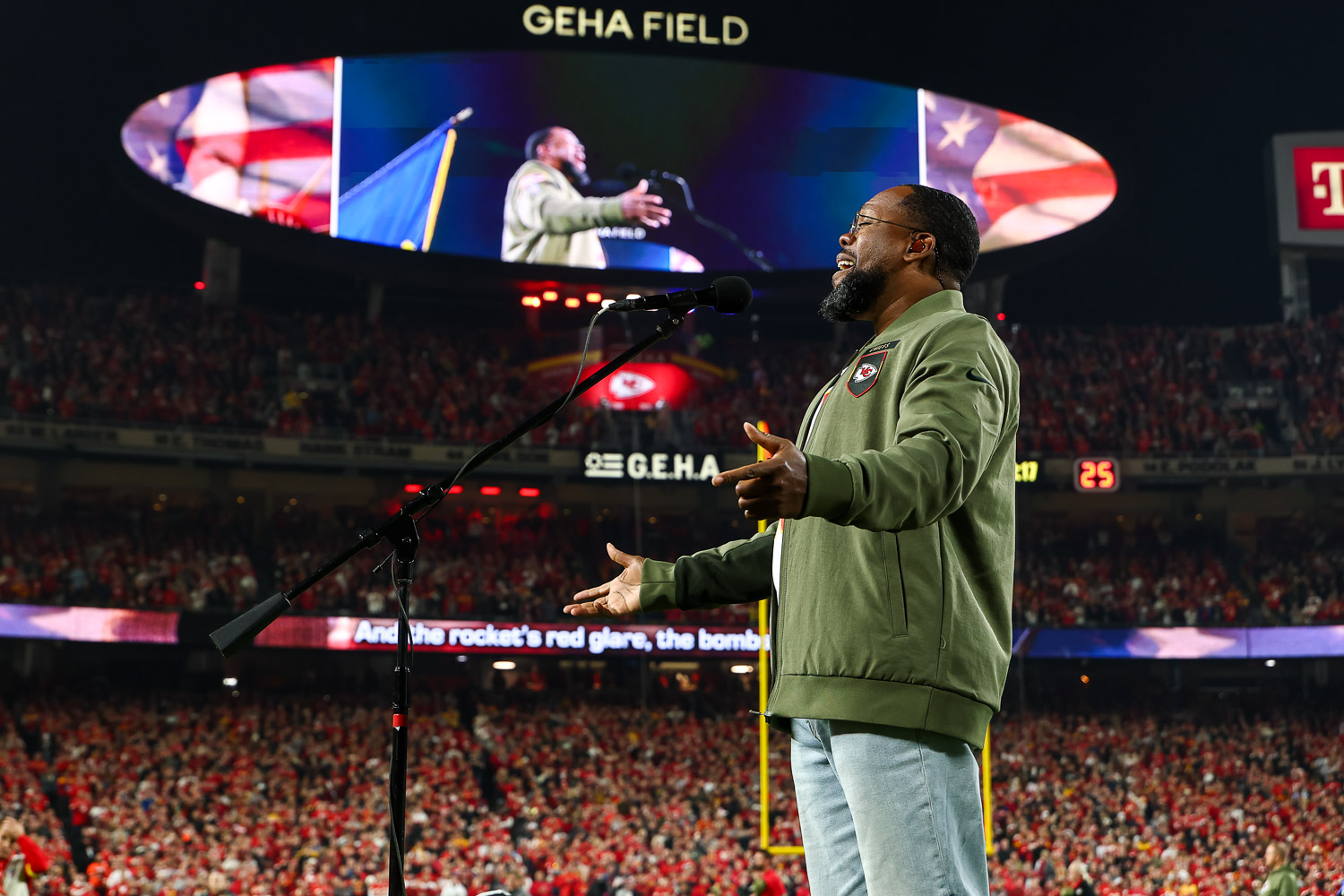 Retired Air Force Master Sergeant Robert Carter performs the National Anthem prior to a week 8 NFL Football game against the Washington Commanders on Monday, October 27, 2025 in Kansas City