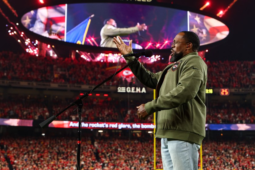 Retired Air Force Master Sergeant Robert Carter performs the National Anthem prior to a week 8 NFL Football game against the Washington Commanders on Monday, October 27, 2025 in Kansas City