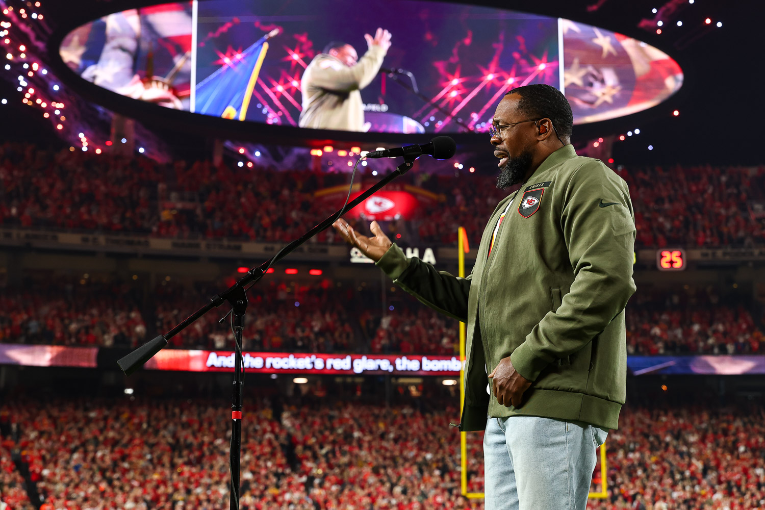 Retired Air Force Master Sergeant Robert Carter performs the National Anthem prior to a week 8 NFL Football game against the Washington Commanders on Monday, October 27, 2025 in Kansas City