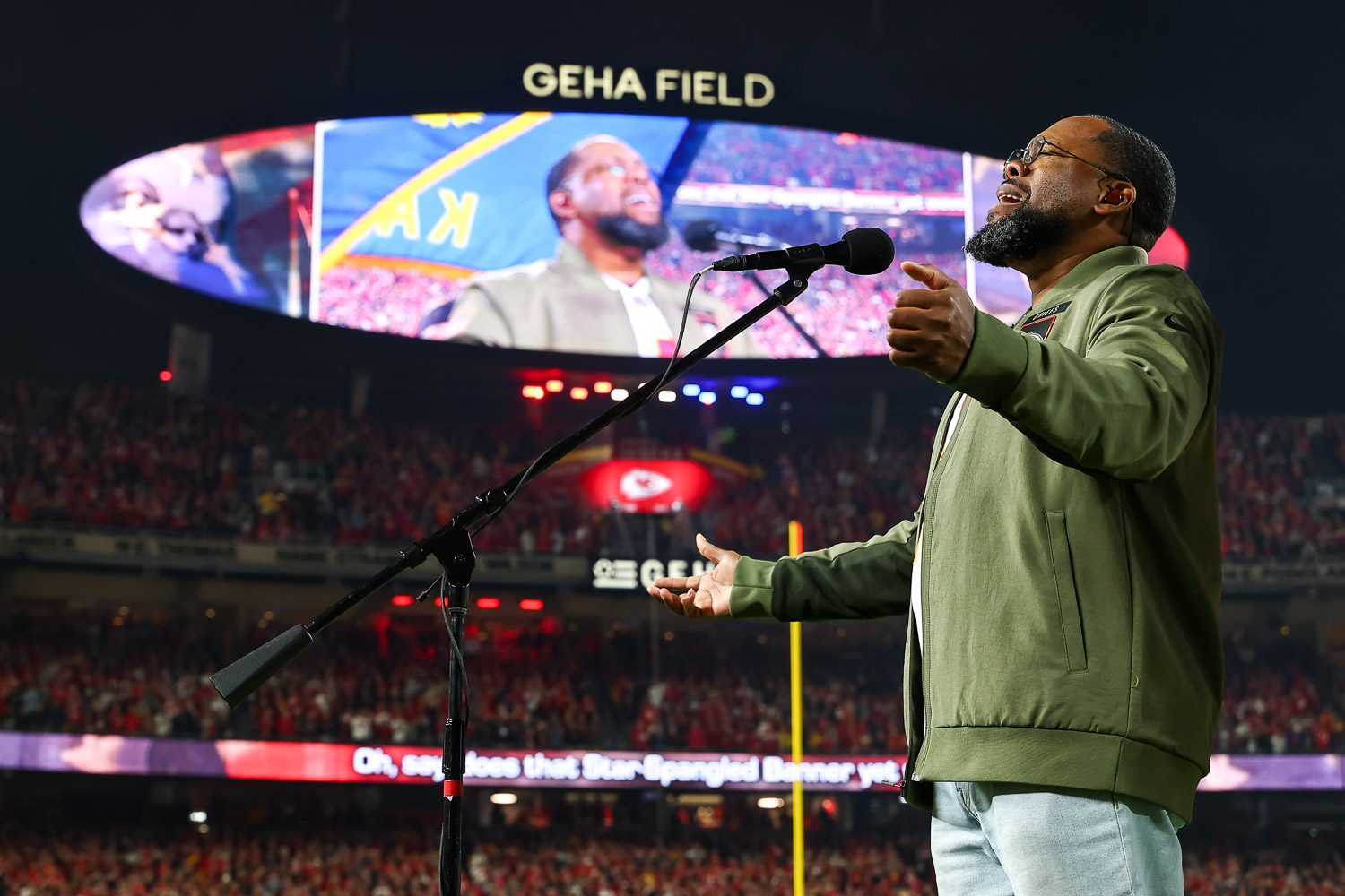 Retired Air Force Master Sergeant Robert Carter performs the National Anthem prior to a week 8 NFL Football game against the Washington Commanders on Monday, October 27, 2025 in Kansas City